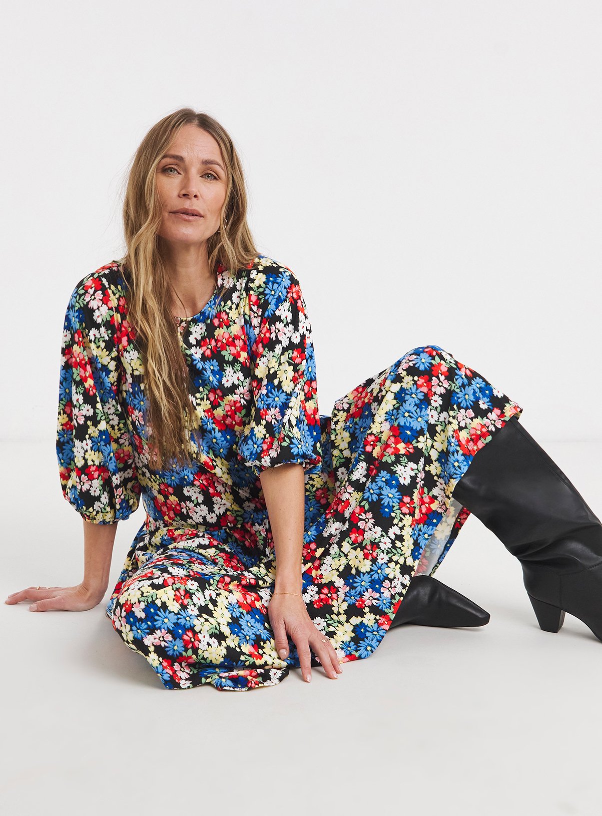JD WILLIAMS Soft Touch Drop Waist 3/4 Sleeve Smock Dress 8 - Image 3 thumbnail